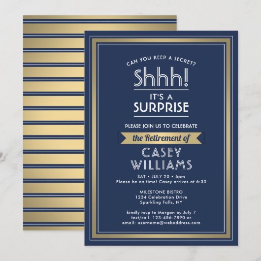 サプライズ·リタイアメント·パーティー·ネービー·ブルー·ホワイト·金ゴールド 招待状 (正面/裏面)