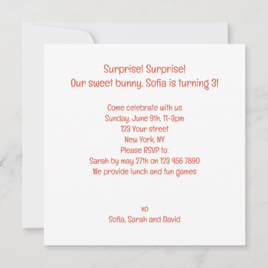 サプライズ！私たちの甘いバニーの誕生日、ウサギの誕生日 招待状 (裏面)