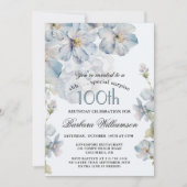 サプライズ 高級感あふれるブルーの花模様の100歳の誕生日 招待状 (正面)