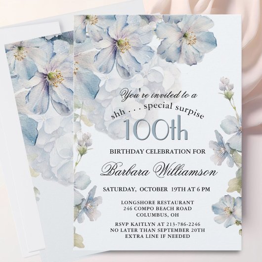 サプライズ 高級感あふれるブルーの花模様の100歳の誕生日 招待状