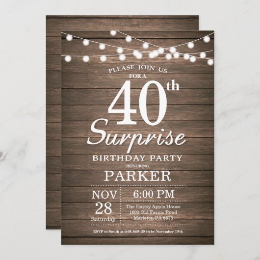サプ素朴ライズ40歳誕生日招待状ウッド 招待状 (正面/裏面)