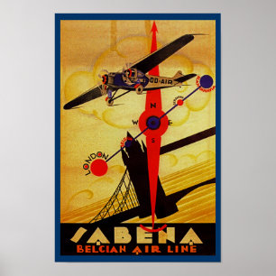 サベナ・ベルギー航空のアールデコのコンパス ポスター