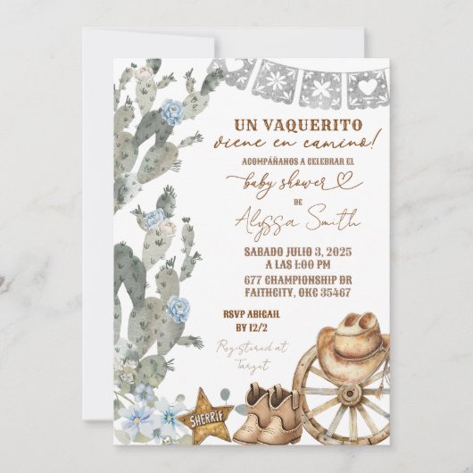 サボクカウボーイスペインのバケリト赤ちゃんシャワー 招待状 (正面)