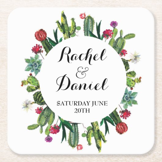 サボクコースターウェディングパーティーカクティフィエスタ スクエアペーパーコースター (正面)