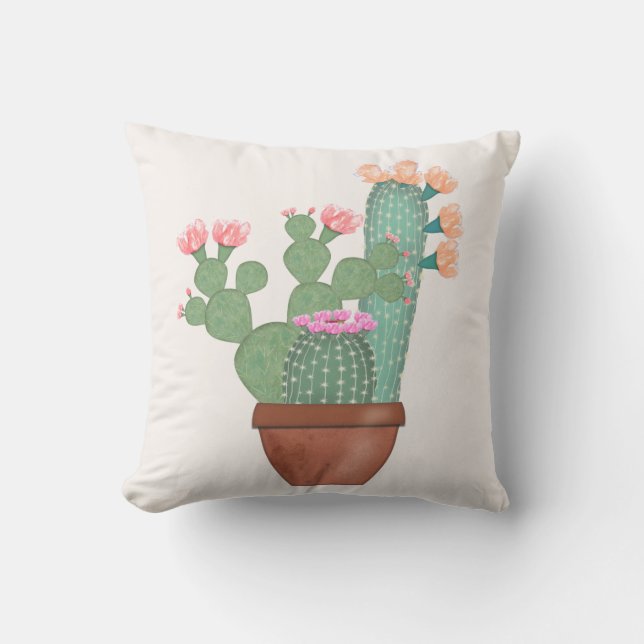 サボタスの水彩画鉢植え アウトドアクッション (正面)