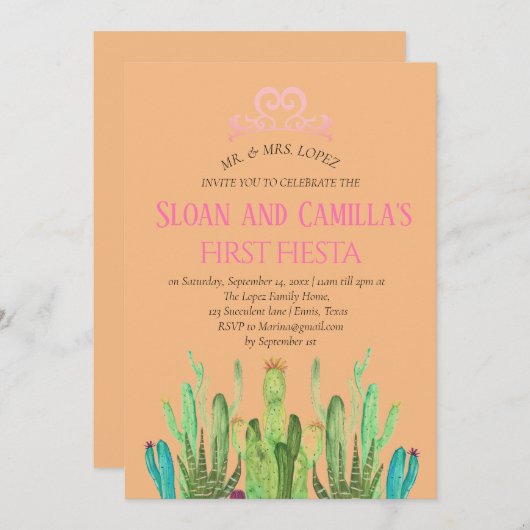 サボツモダンツインズファーストフィエスタ誕生日 招待状 (正面/裏面)