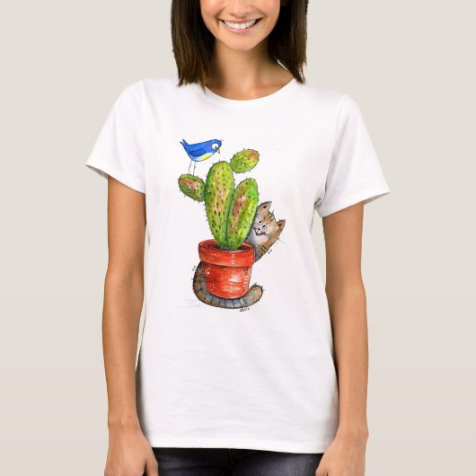 サボテンお洒落とスニーカー猫 Tシャツ (正面)