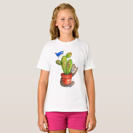 サボテンお洒落とスニーカー猫 Tシャツ (正面フル)