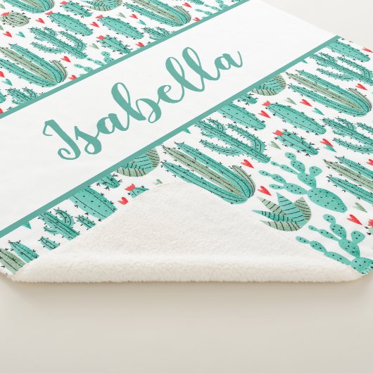 サボテンお洒落の緑の白いパターンのモノグラム シェルパブランケット (3/4)