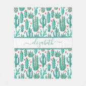 サボテンお洒落の緑の白いパターンのモノグラム フリースブランケット (正面)