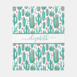 サボテンお洒落の緑の白いパターンのモノグラム フリースブランケット