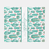 サボテンお洒落の緑の白いパターンのモノグラム フリースブランケット (正面(横))