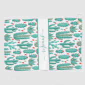 サボテンお洒落の緑の白い赤いパターンのモノグラム ゴルフタオル (横)