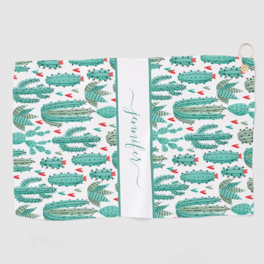 サボテンお洒落の緑の白い赤いパターンのモノグラム ゴルフタオル (横)