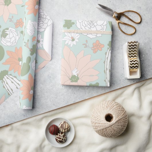 サボテンお洒落の花柄 ラッピングペーパー (クラフト)