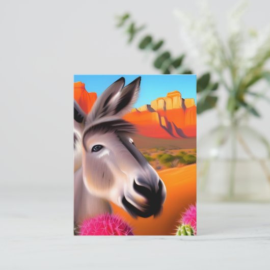 サボテンが咲く可愛い砂漠のロバ ポストカード (スタンド正面)