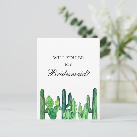 サボテンさん、結婚式の仲人になってくれる？ 緑のサボテンたち インビテーションポストカード (スタンド正面)