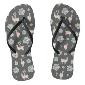 サボテンとアマリリスを含む砂漠のラマ ビーチサンダル