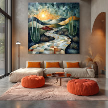 サボテンとサンライトを備えた幾何学的な砂漠の風景