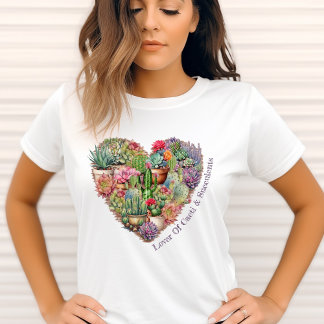 サボテンとハート型の多肉植物の愛好家 Tシャツ