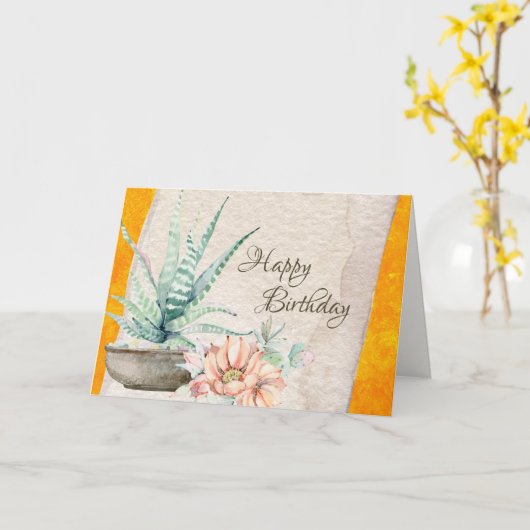 サボテンとフラワーサウスウエスタンデザート誕生日 カード (黄色い花)