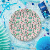 サボテンとラディバグパターン – ライトピンク背景 ペーパープレート (パーティー)