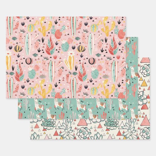 サボテンとラマ ラッピングペーパーシート (セット)