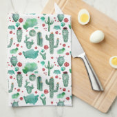 サボテンとレディバグの模様 – 白地 キッチンタオル (四つ折り)