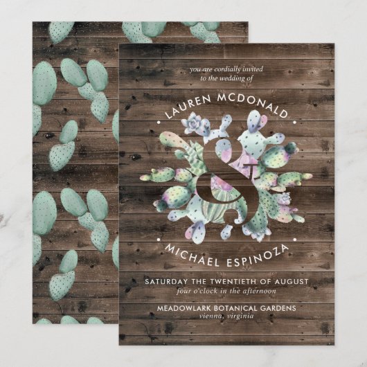 サボテンと古材のウエディングカード（Rustic Cactus & Barnwood Wedding 招待状 (正面/裏面)