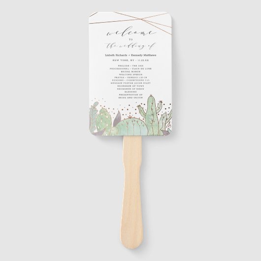 サボテンと多肉性トレンディー結婚の式プログラム ハンドファン (正面)