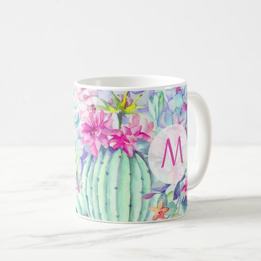 サボテンと多肉株モノグラム コーヒーマグカップ (正面右)