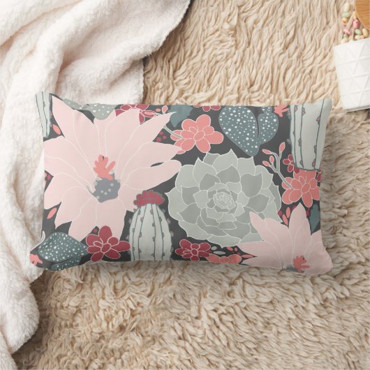 サボテンと多肉植物のピンクの緑のパターン ランバークッション (ブランケット)