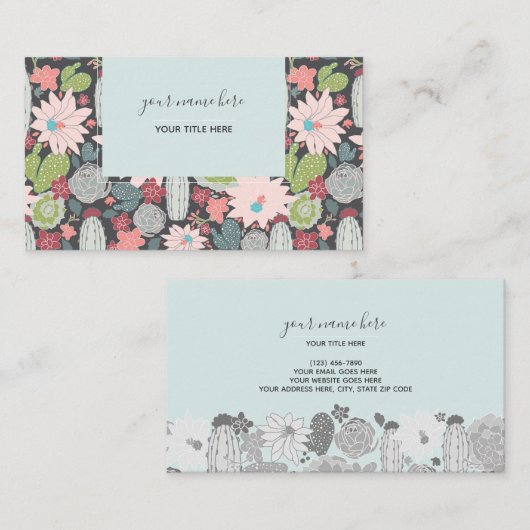 サボテンと多肉植物の葉のピンクパターン 名刺 (正面/裏面)