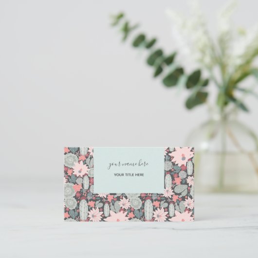 サボテンと多肉植物ピンクのミント模様 名刺 (スタンド正面)