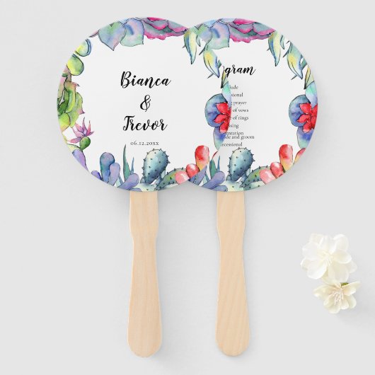 サボテンと多肉水彩結婚式プログラム ハンドファン (正面&裏面)
