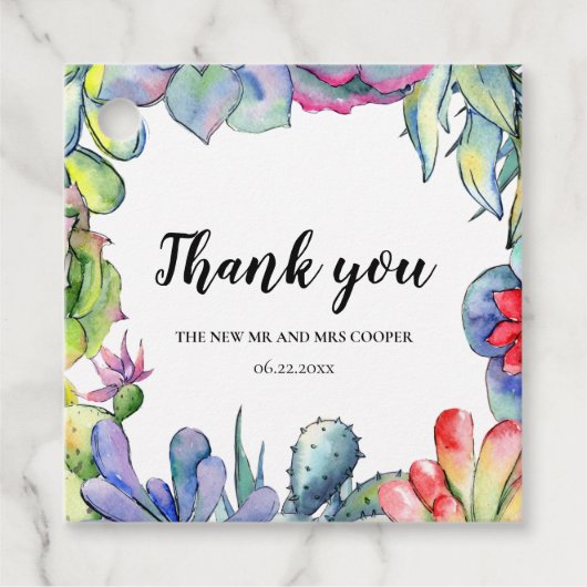 サボテンと多肉質の水色の結婚もの フェイバータグ (正面)