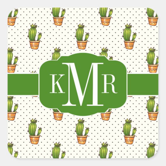 サボテンと多肉質ポリックドットパターン スクエアシール (正面)