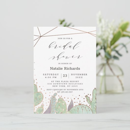 サボテンと多肉類幾何学シックブライダルシャワー 招待状 (スタンド正面)