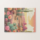 サボテンと花を持つ砂漠の風景 ジグソーパズル (横)