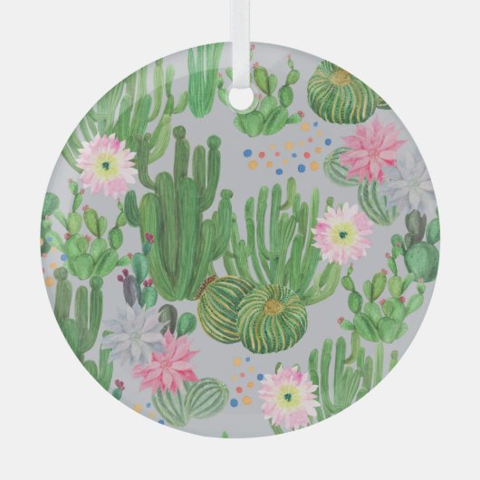 サボテンと花、水の色のシームレス絵を描な。 ガラスオーナメント (正面)