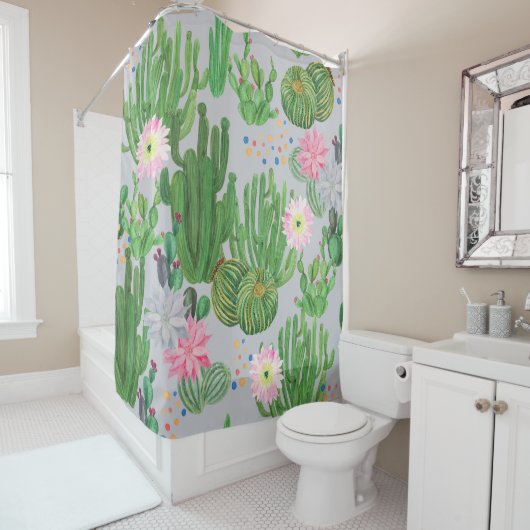 サボテンと花、水の色のシームレス絵を描な。 シャワーカーテン (インサイチュ)