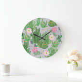 サボテンと花、水の色のシームレス絵を描な。 ラージ壁時計 (ホーム)