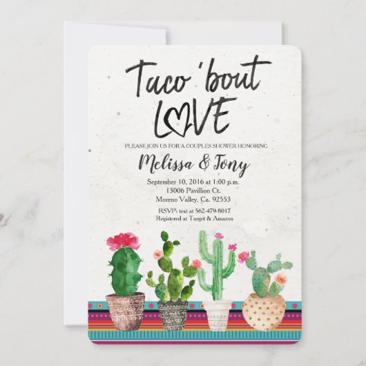 サボテンのカップルのシャワーの招待状のタコスの一続き愛 招待状 (正面)