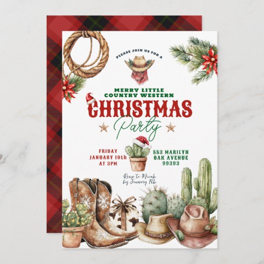 サボテンのクリスマスプレッドウェスタンのクリスマスパーティー 招待状 (正面/裏面)