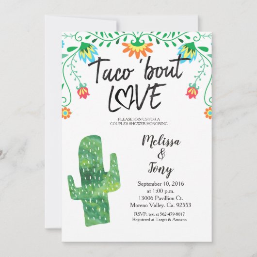 サボテンのタコスのカップルのシャワーの招待状 招待状 (正面)