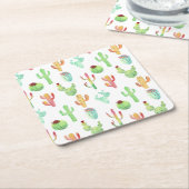 サボテンのパステル調の水彩画パターン スクエアペーパーコースター (アングル)