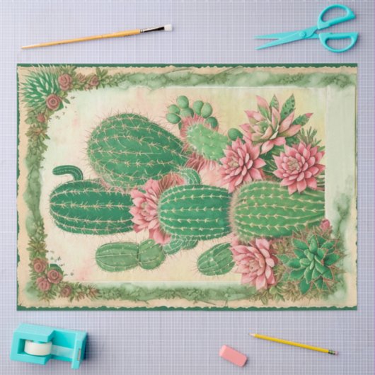 サボテンのピンクの花エフェメラコラージアートNo3 薄葉紙 (クラフト)