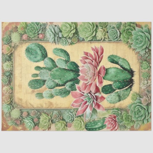 サボテンのピンクの花エフェメラコラージアートNo6 薄葉紙 (正面)