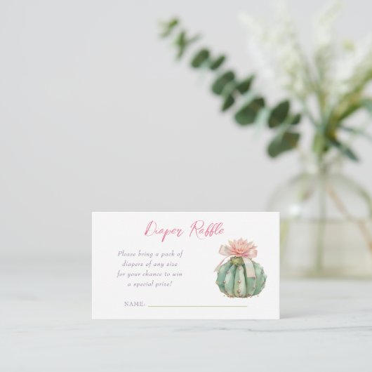 サボテンのピンクリボンベビーガールシャワーおむつラッフル エンクロージャーカード (スタンド正面)