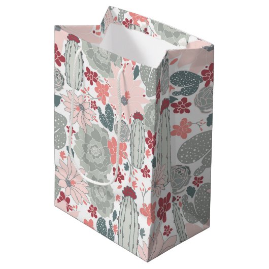 サボテンのピンク多肉花柄 ミディアムペーパーバッグ (正面アングル)